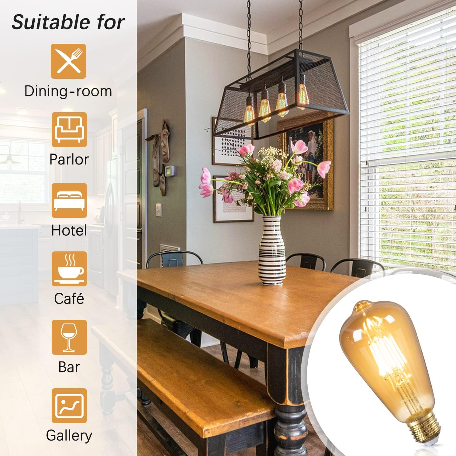 Dicuno E27 LED Edison Bulb, Vintage Light Bulb, 6W (60 Watt Equivalent), Retro Amber Warm Glass, 600LM, Warm White 2200K, Non-Dimmable, 2-Pack image number 1