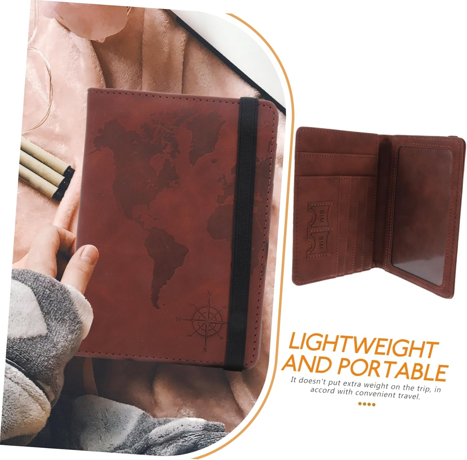 LABRIMP Travel Holder World Map Design Multi-Card Slots and Elastic Strap for Easy Organization for Documents and Tickets Pu Leather Material - Coffee image number 6