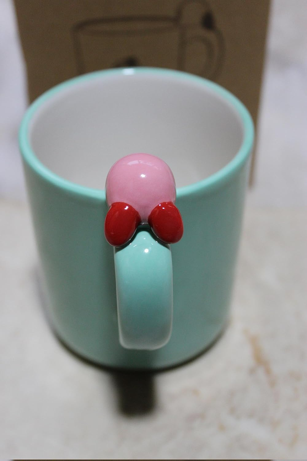 Kirby Mug: Cute Laid Back Kirby on Handle: Green, Lollipop Mark, SK Japan: H 4.33 X W 4.13 X L 2.95" image number 2
