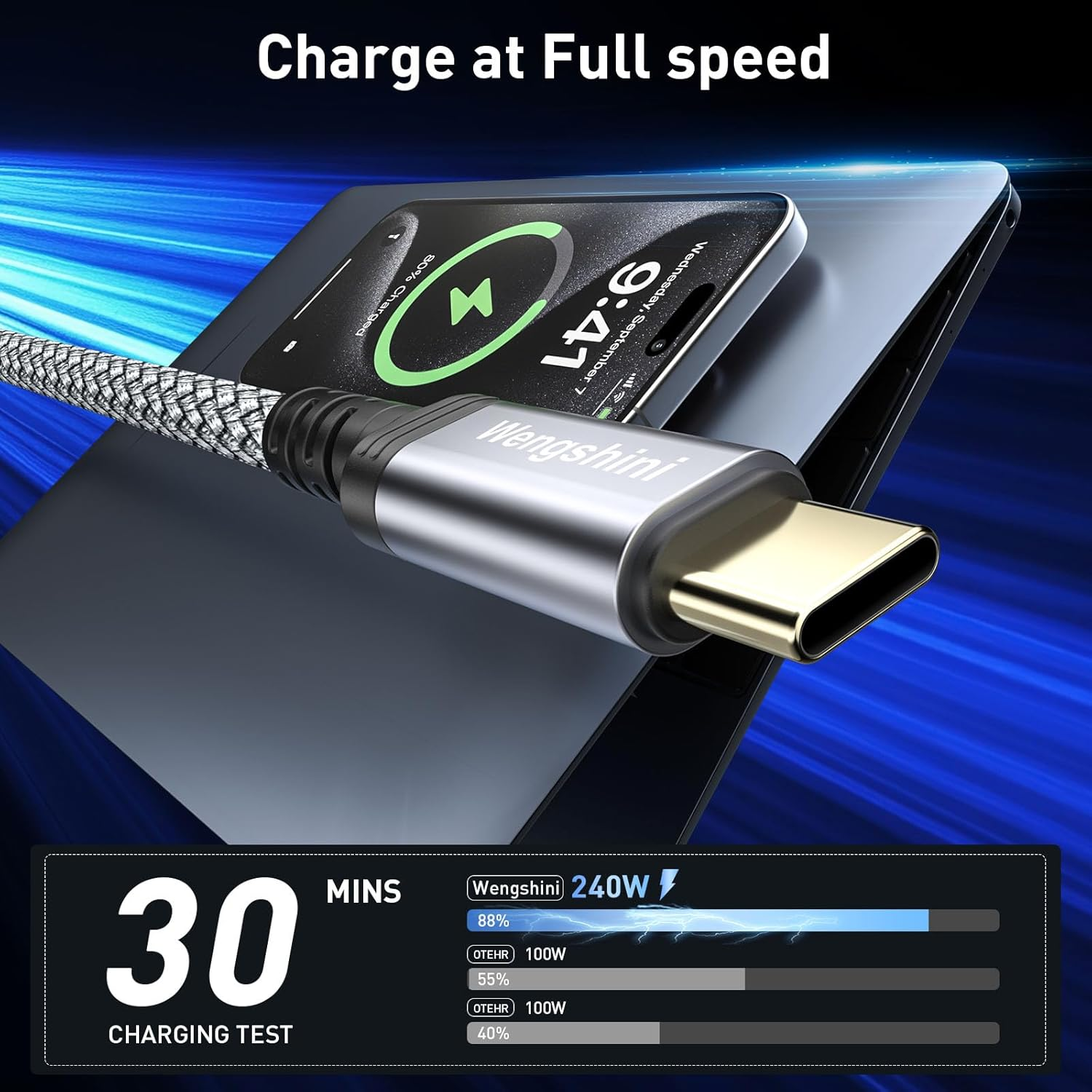 Wengshini USB C to USB C Cable 2M,240W/20Gbps USB C 3.2 Gen2 X 2 Data Cable, 4K@60HZ Video Transmission Video Transmission for Laptop, Mobile Phone, Steam Deck, Tablet, SSD, Monitor Etc. image number 2