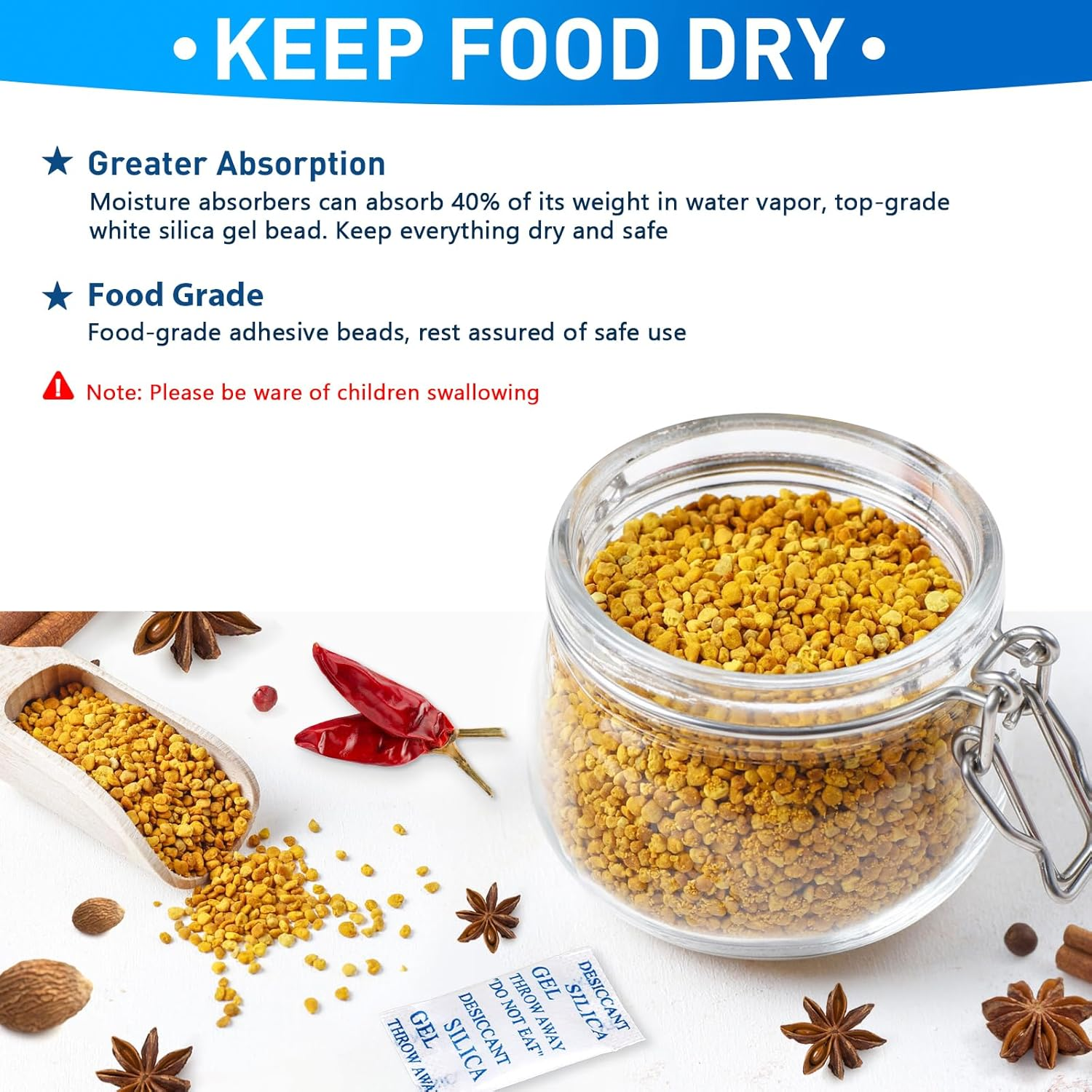 Yeather 2 Gram [100 Packets] Silica Gel Packets - Reusable Desiccant Moisture Absorbers Dehumidifiers for Spices, Jewelry, Shoeboxes, Electronics Storage (Food Safe) image number 4