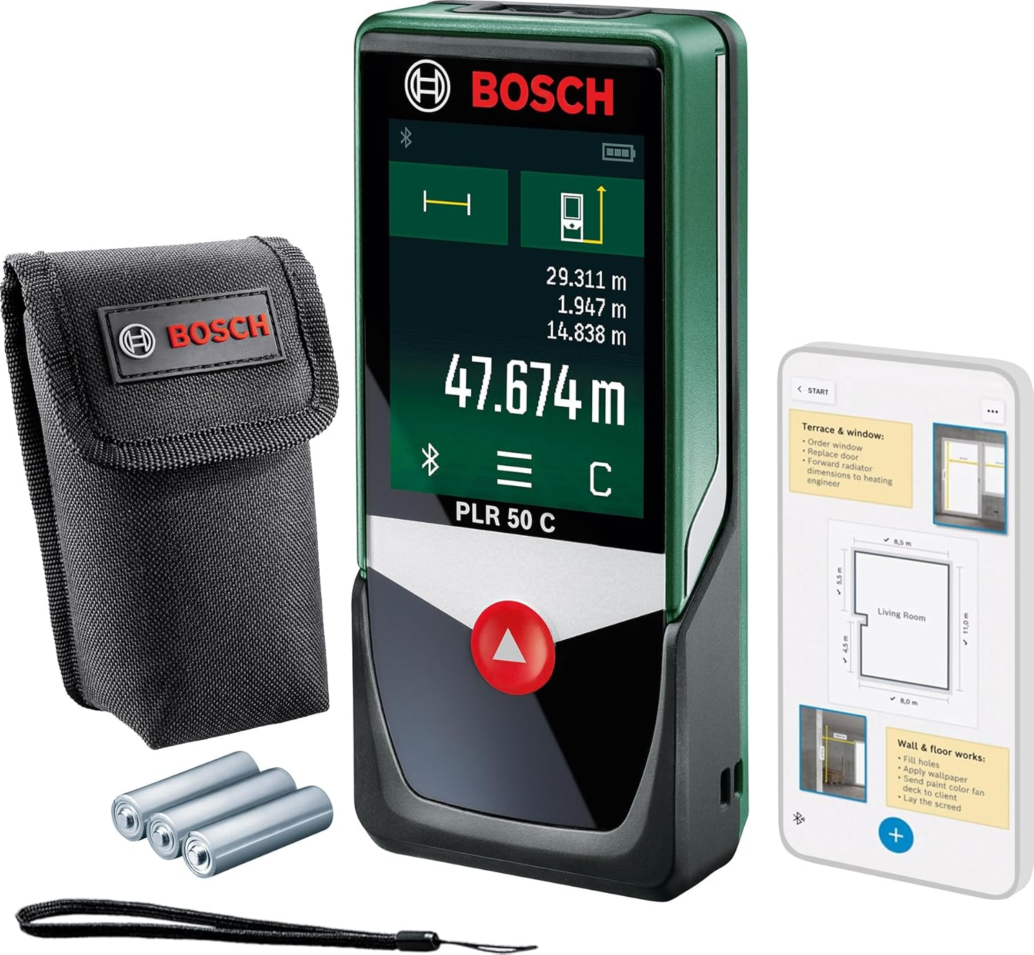 Bosch Home & Garden Digital Laser Distance Measure PLR 50 C 50M (Measuring up to 50M, Protective Case, Hand Strap, 3 X AAA 1.5 V Batteries Included, in Box)