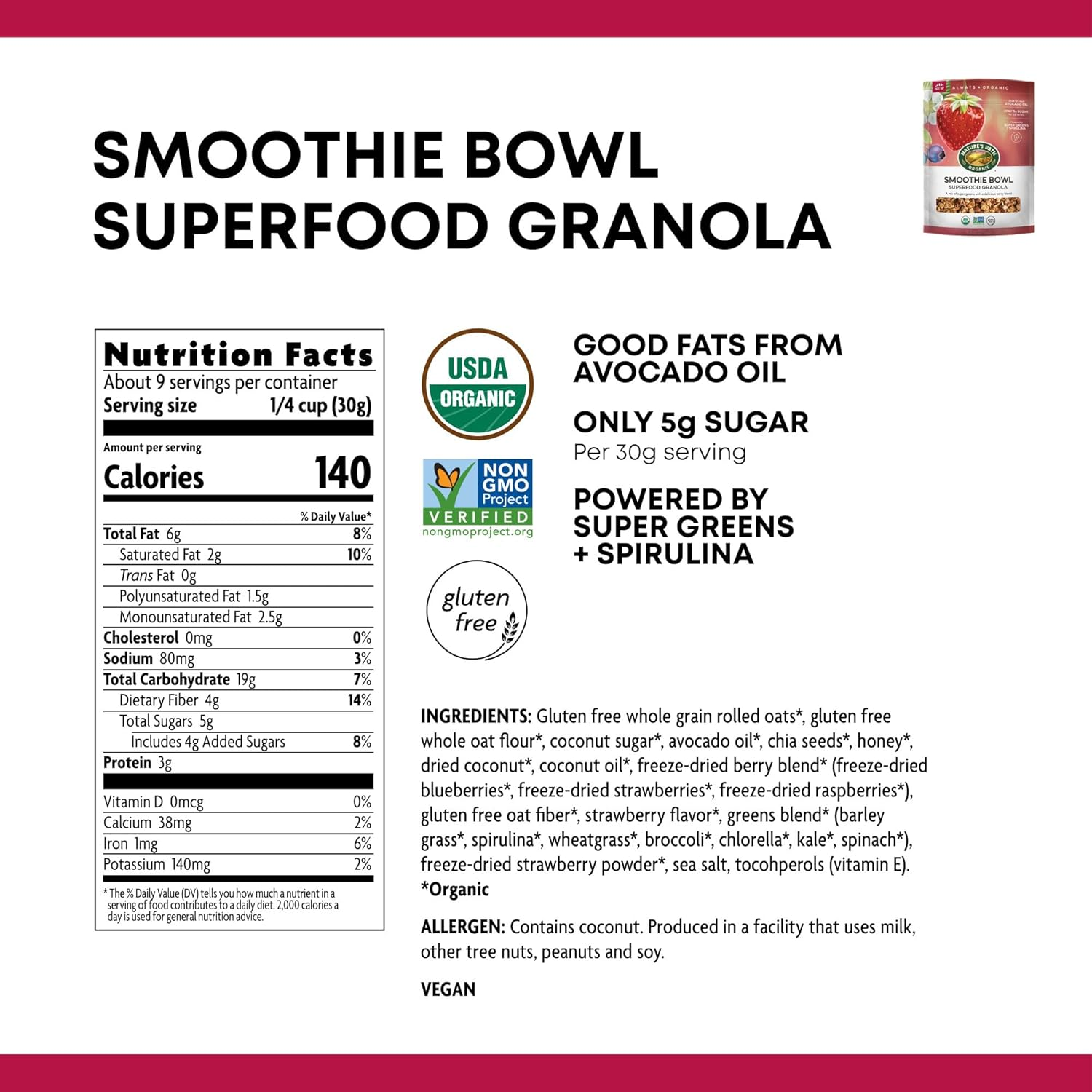 Nature'S Path Organic Superfood Smoothie Bowl Granola, 9.5 Oz (Pack of 6), Gluten Free, Non-Gmo image number 6