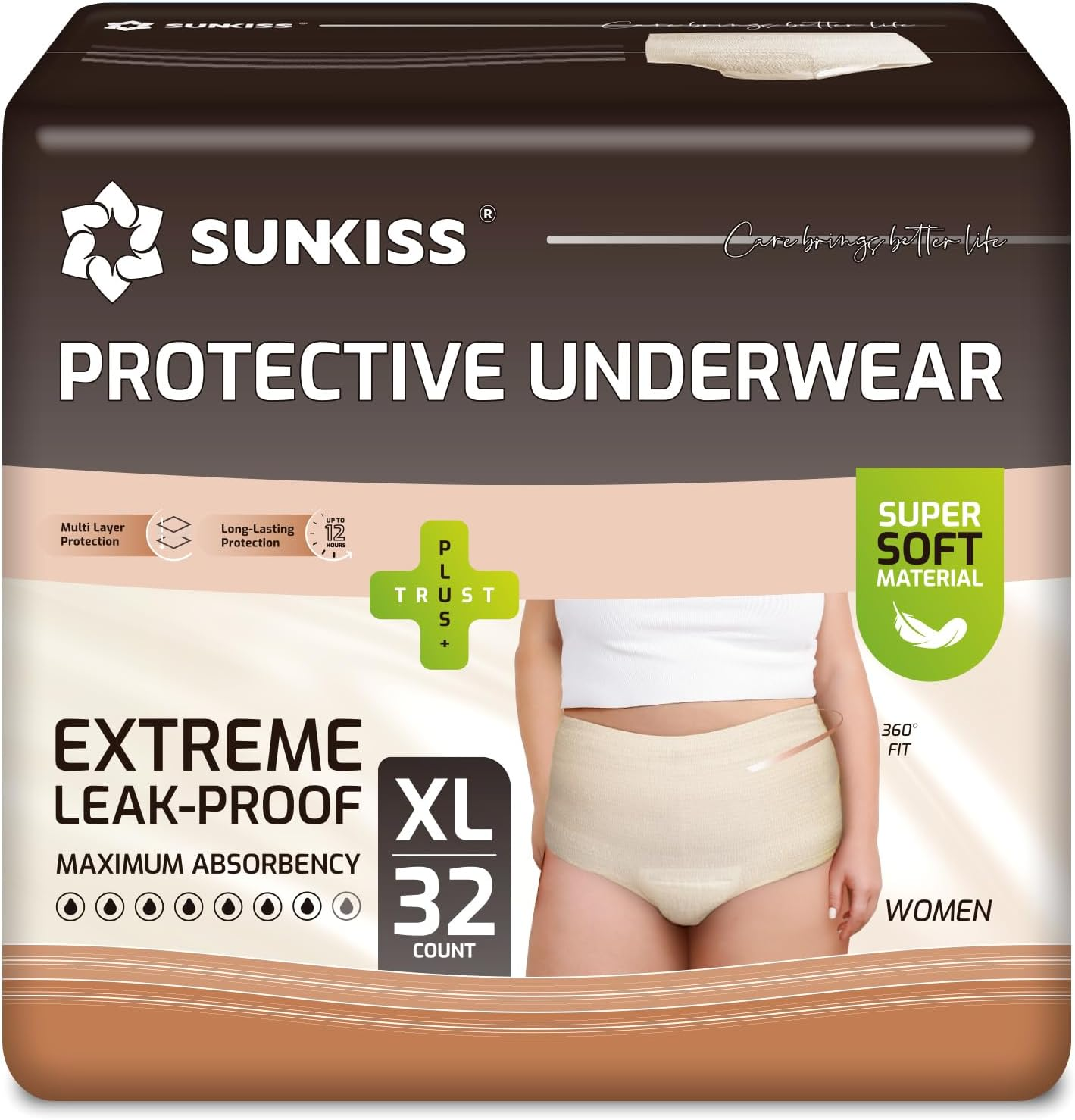 SUNKISS Women Incontinence Underwear, Daytime Disposable Postpartum Adult Panties, Protective Pull Ups with Maximum Absorbency, Medium, Beige, 32 Count