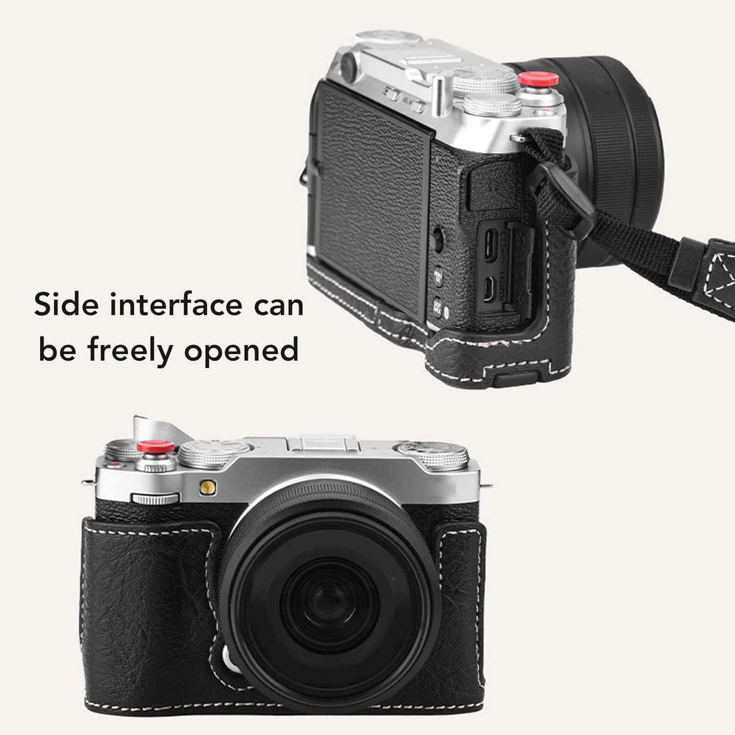 X-M5 Leather Half Case, Black Protective Half Camera Case for Fuji X-M5, with Shoulder Strap image number 2