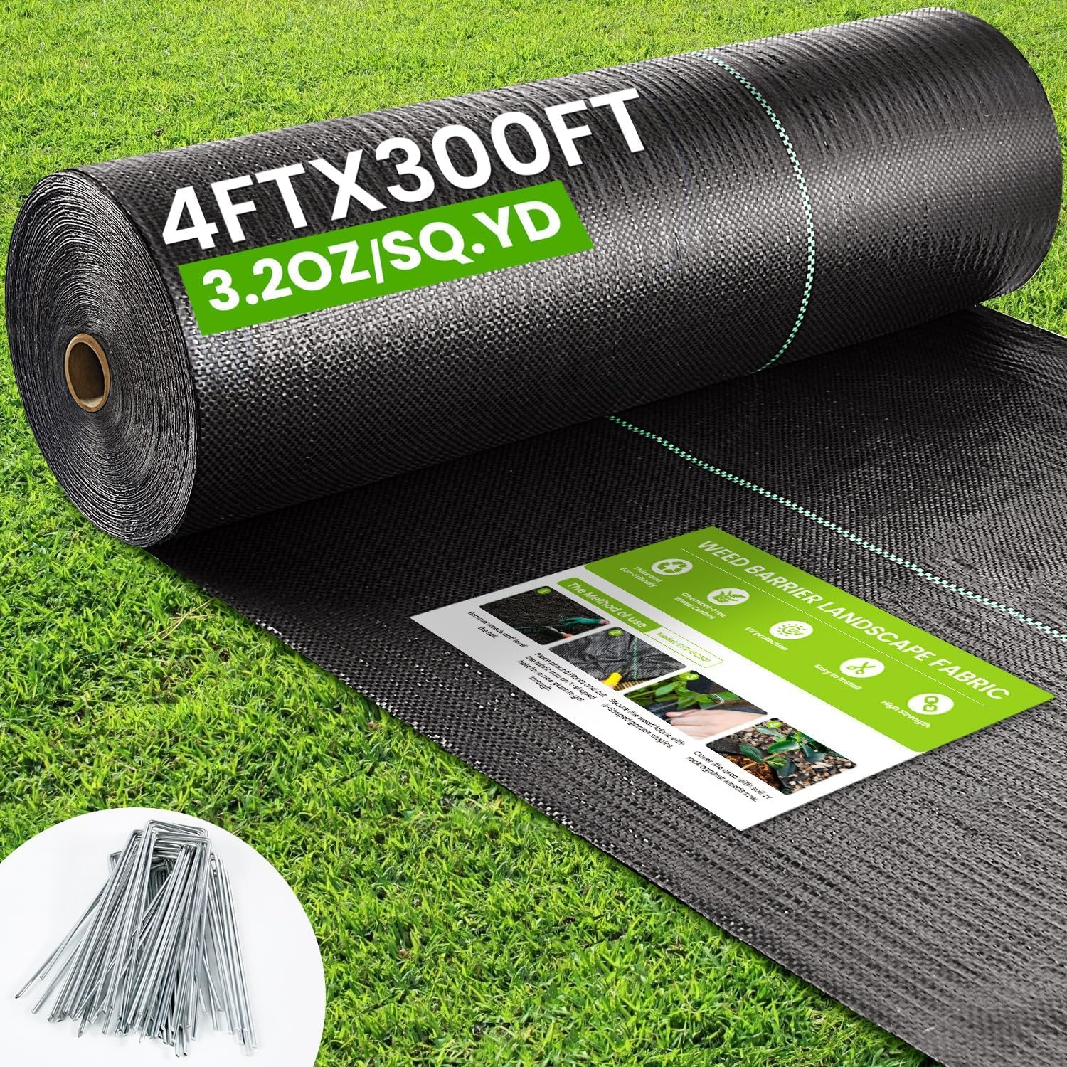 1.2 M X90M Weed Barrier Fabric, 3.2Oz Landscape Fabric, Durable Weed Barrier Fabric Heavy Duty with 20 U-Shaped Securing Pegs for Landscaping Weed Blocker Garden Bed Cover, Commercial Driveway image number 1
