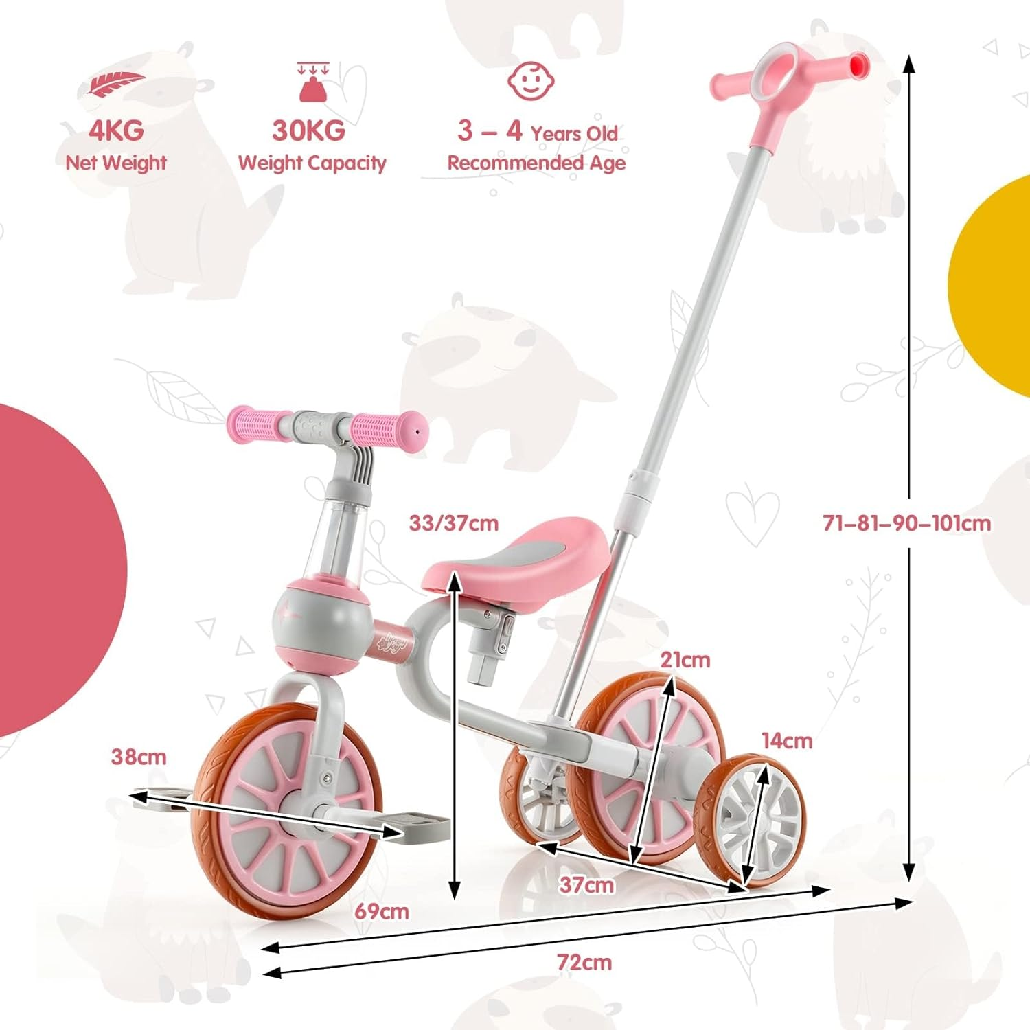 HONEY JOY 4-In-1 Toddler Tricycle, Kids Training Balance Bike W/Adjustable Parent Handle, 2-Level Seat Height & Reversible Handlebar, Push Trike for Toddlers 3-4 Years Old (Pink) image number 5