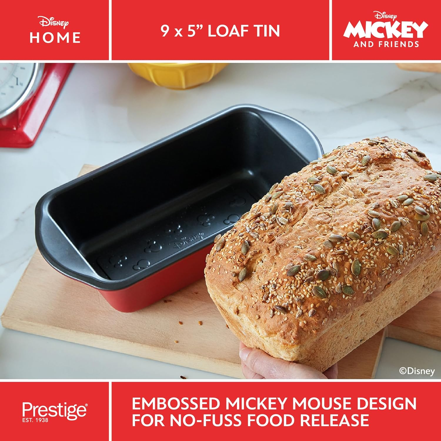Prestige New Disney Bake with Mickey Mouse 9 Inch Loaf Tin - Non Stick Loaf Tins for Baking 23Cm X 13Cm, Carbon Steel Bakeware, Red & Black