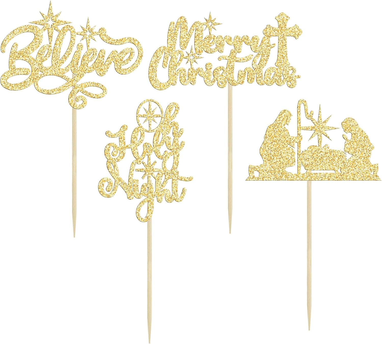 24Pcs Christmas Jesus Cupcake Toppers Glitter Holy Night Blessed Believe Christmas Nativity Cupcake Picks for Nativity Scene Theme Christmas Jesus Birthday Party Cake Supplies Gold image number 5