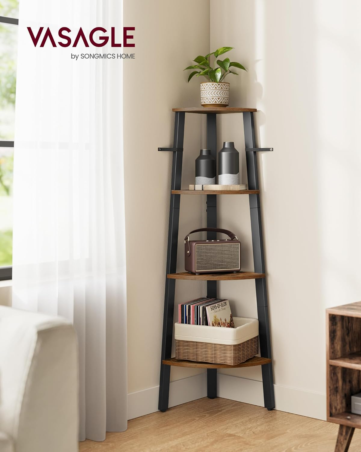 VASAGLE Corner Shelf Stand, 4-Tier Corner Bookshelf, Industrial Corner Ladder Shelf, Plant Stand Display Shelf for Living Room, Office, Kitchen, Rustic Brown and Black ULLS34X image number 4