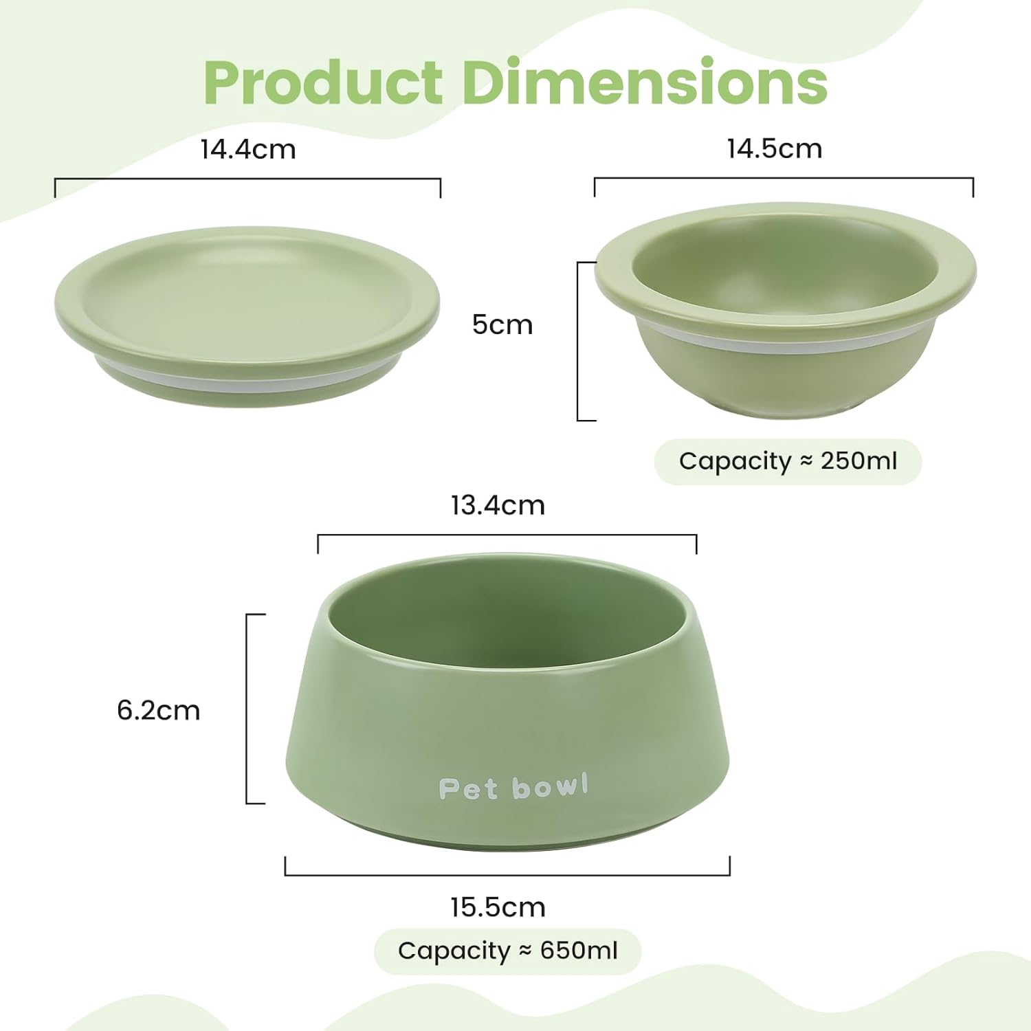 PETTOM Ceramic Cat Bowls, 3-In-1 Extra Wide Whisker Friendly Food and Water Set in Green for Easy Feeding, Cat Feeding Bowls anti Slip to Enhance Mealtime image number 1