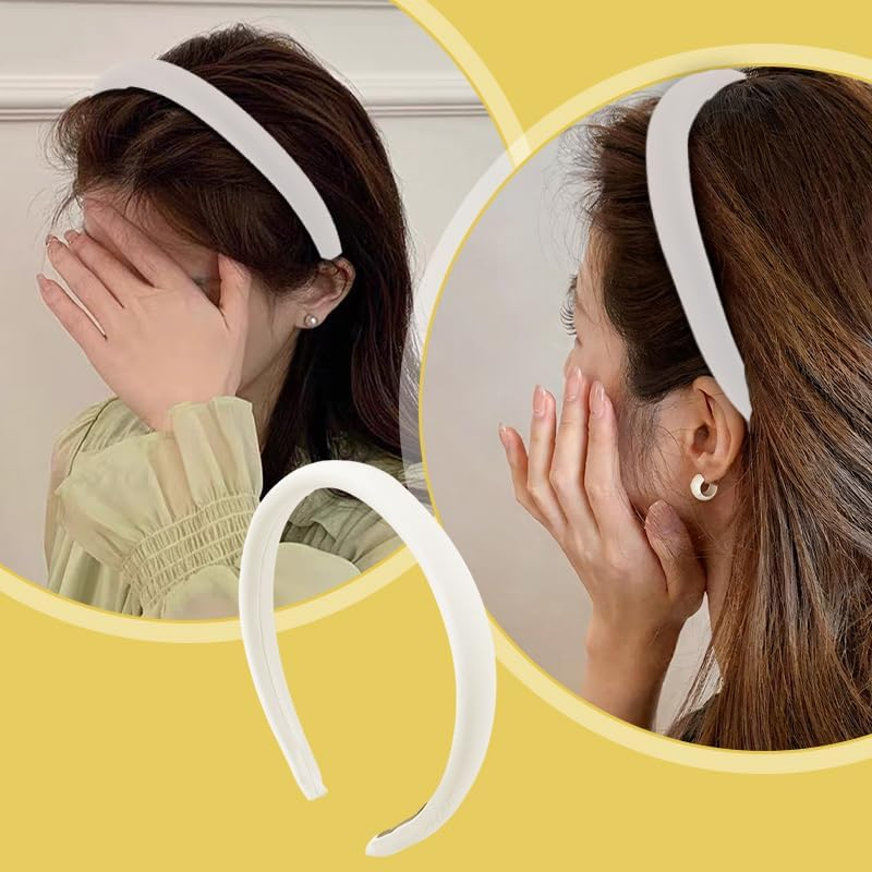 White Padded Thin Satin Hairband Headbands for Women&rsquo;S Hair Silky Satin Head Bands Headwear Headdress Non-Slip Headband Headwear 90S Hair Accessories for Women Girls image number 1