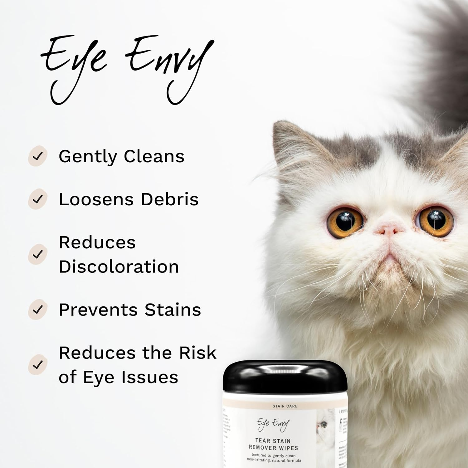 Eye Envy Tear Stain Wipes for Cats | Textured to Gently Clean, Treats the Cause of Staining | 100% Natural Formula | Recommended by Persian & Exotic Breeders, Vets, Groomers | 60 Ct