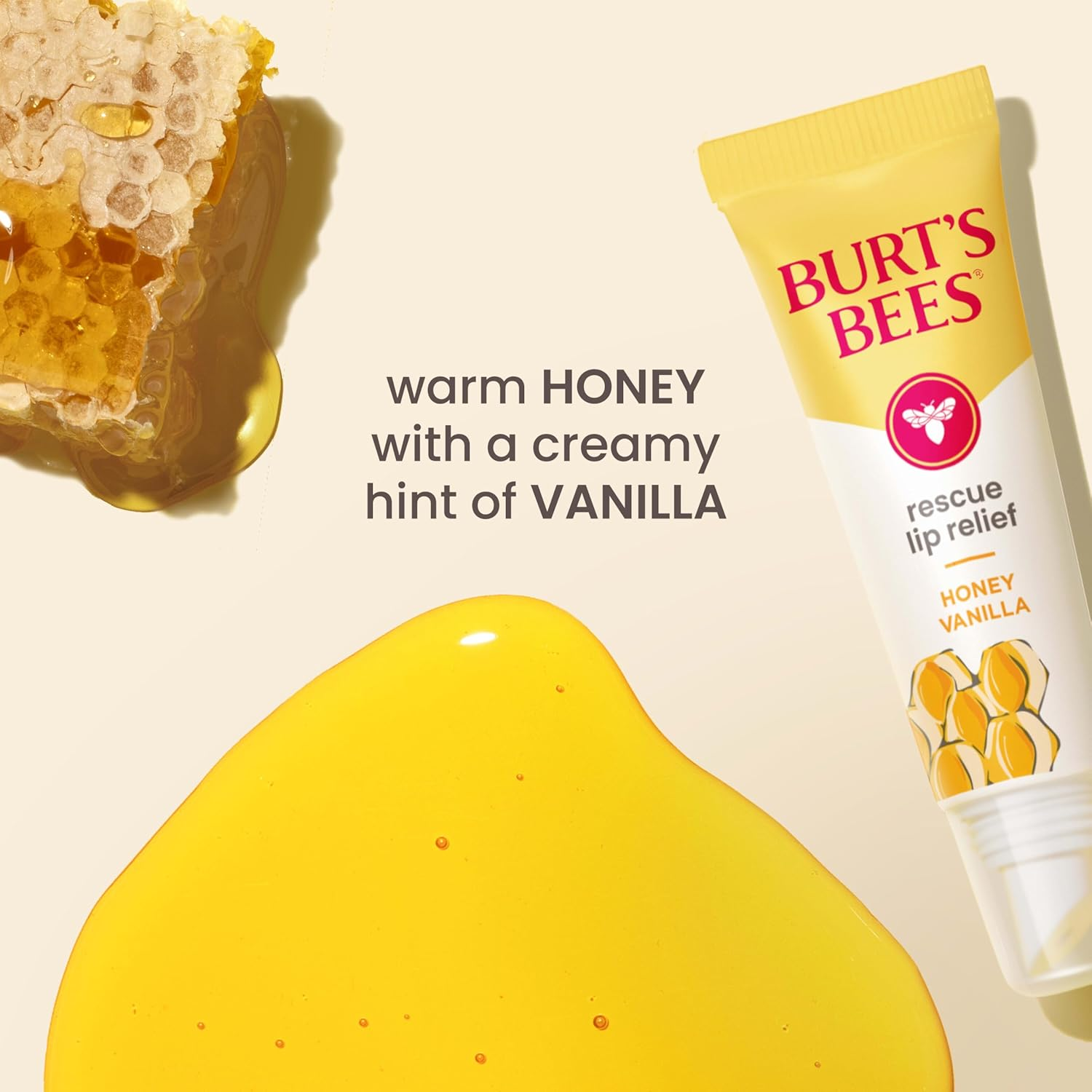 Burt'S Bees Rescue Lip Relief, Honey Vanilla, Hydrating Lip Balm for Dry Cracked Lips, with Responsbily Sourced Beeswax and Shea Butter, 100% Natural Origin, 1 Squeezy Tube, 0.35Oz image number 4