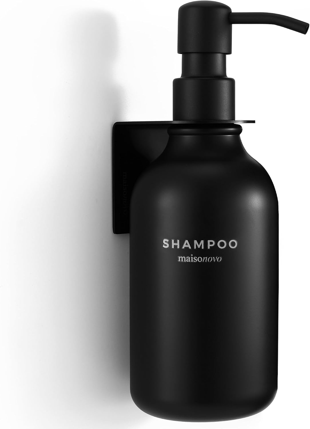 MAISONOVO Shampoo Dispenser for Shower Wall 3 Chamber - Drill Free Shower Soap Dispenser Wall Mount with Waterproof Labels | 3 Black Plastic Bottles with Black Metal Pumps