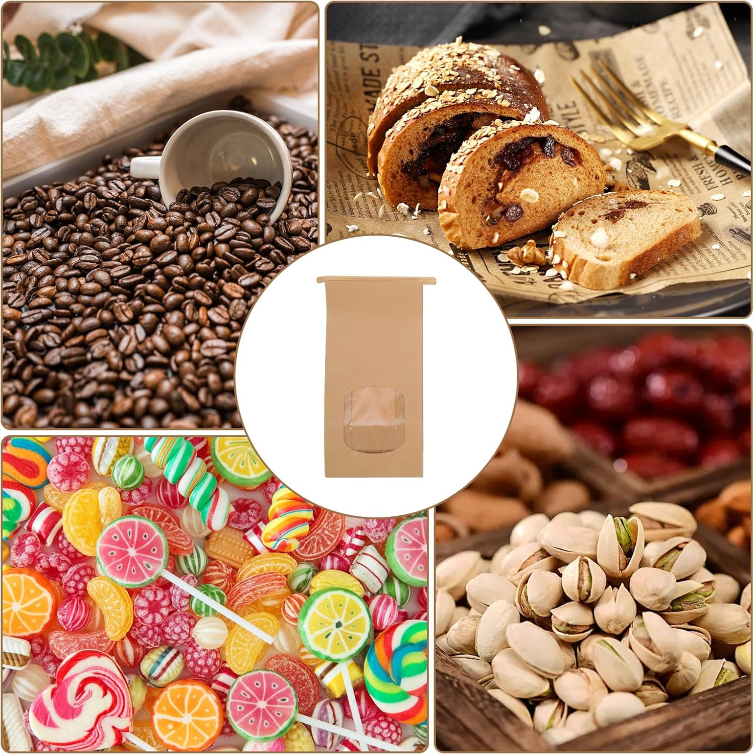 25 Pcs Kraft Paper Bakery Bags, 6.7X3.5X2.4In Food Storage Pouches with Transparent Window, Oil Proof, for Bread Loaf, Candies, Biscuits, Coffee Beans, Suitable for Parties Wedding