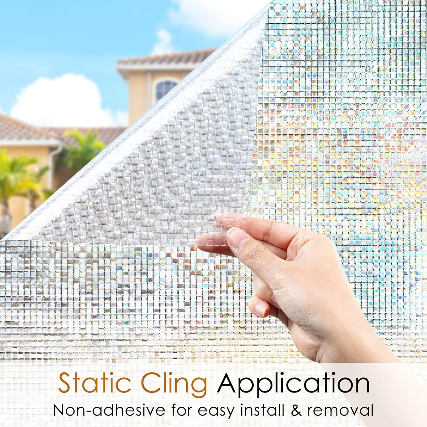 Rabbitgoo Window Privacy Film Stained Glass Window Film Mosaic Static Cling Decorative Window Vinyl, Removable Rainbow Window Tint, Non-Adhesive UV Blocking for Home Office, 44.5 X 200 Cm image number 6