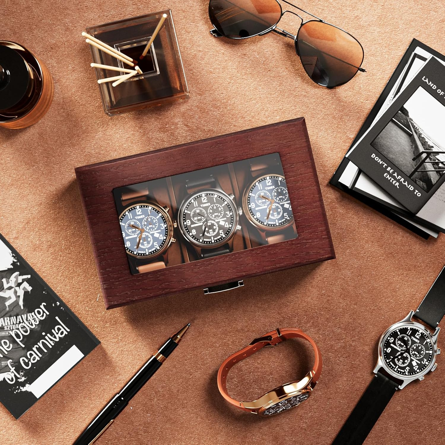Procase Wooden Watch Box for Men, 3 Slot Timber Watch Display Case, Wood Cases for Men Watch Storage, Watch Holder Organizer with Glass Lid -Espresso image number 5