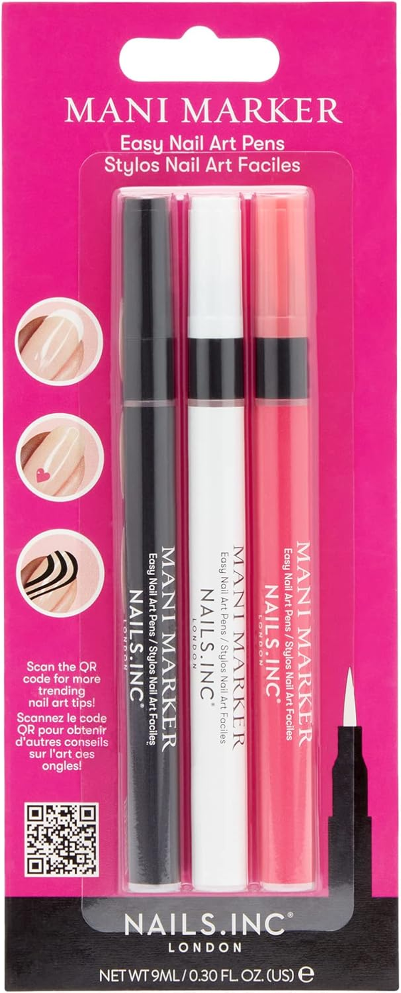 Nails.Inc Mani Marker Trio, Easy to Use Nail Polish Art Pen with Precision Tip, Quick Drying, Cruelty Free, Vegan, Includes Bright White, Bubblegum Pink and Mascara Black