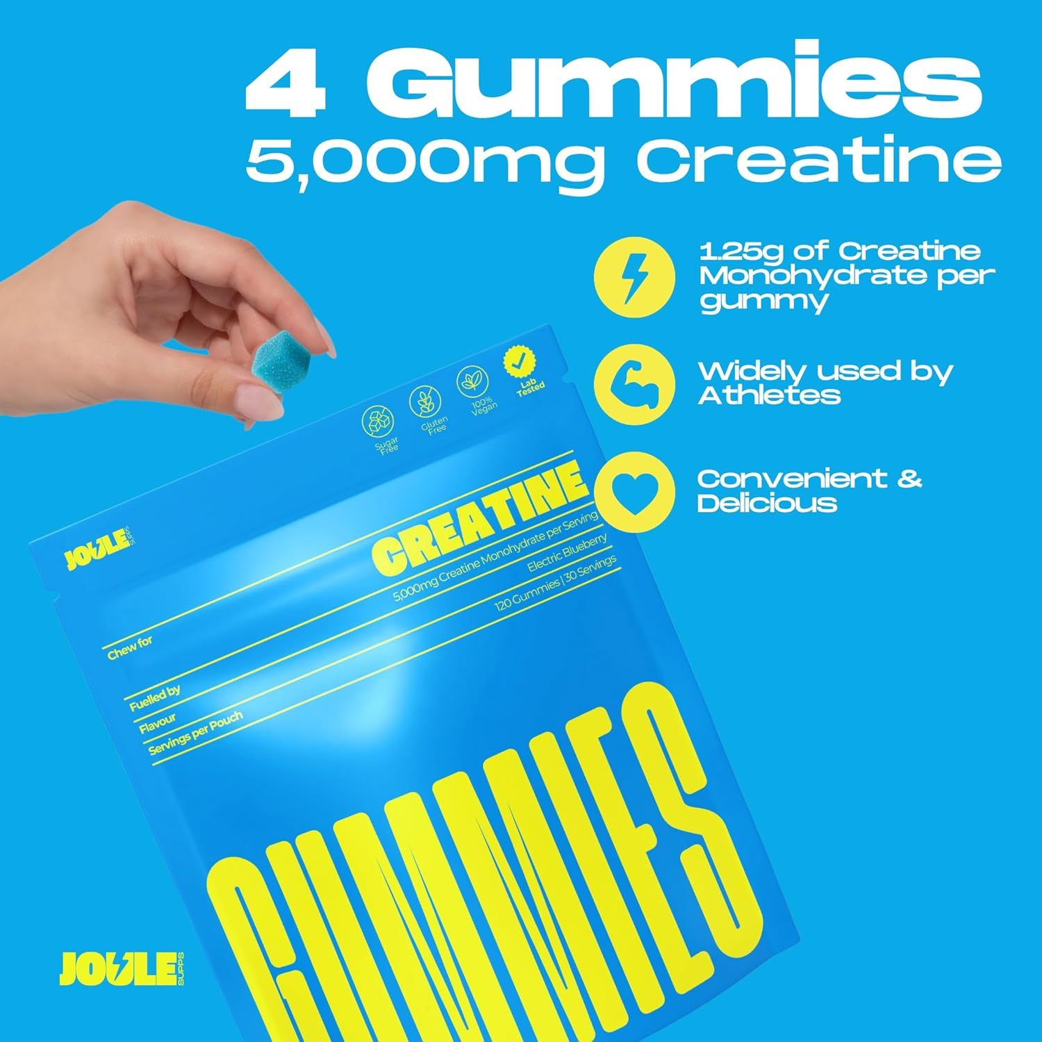Creatine Monohydrate Gummies - 5,000Mg Creatine, 30 Servings (4 Gummies per Serving), 3Rd Party Lab Tested, Creatine Supplement for Men & Women, Electric Blueberry Flavour - Joulesupps