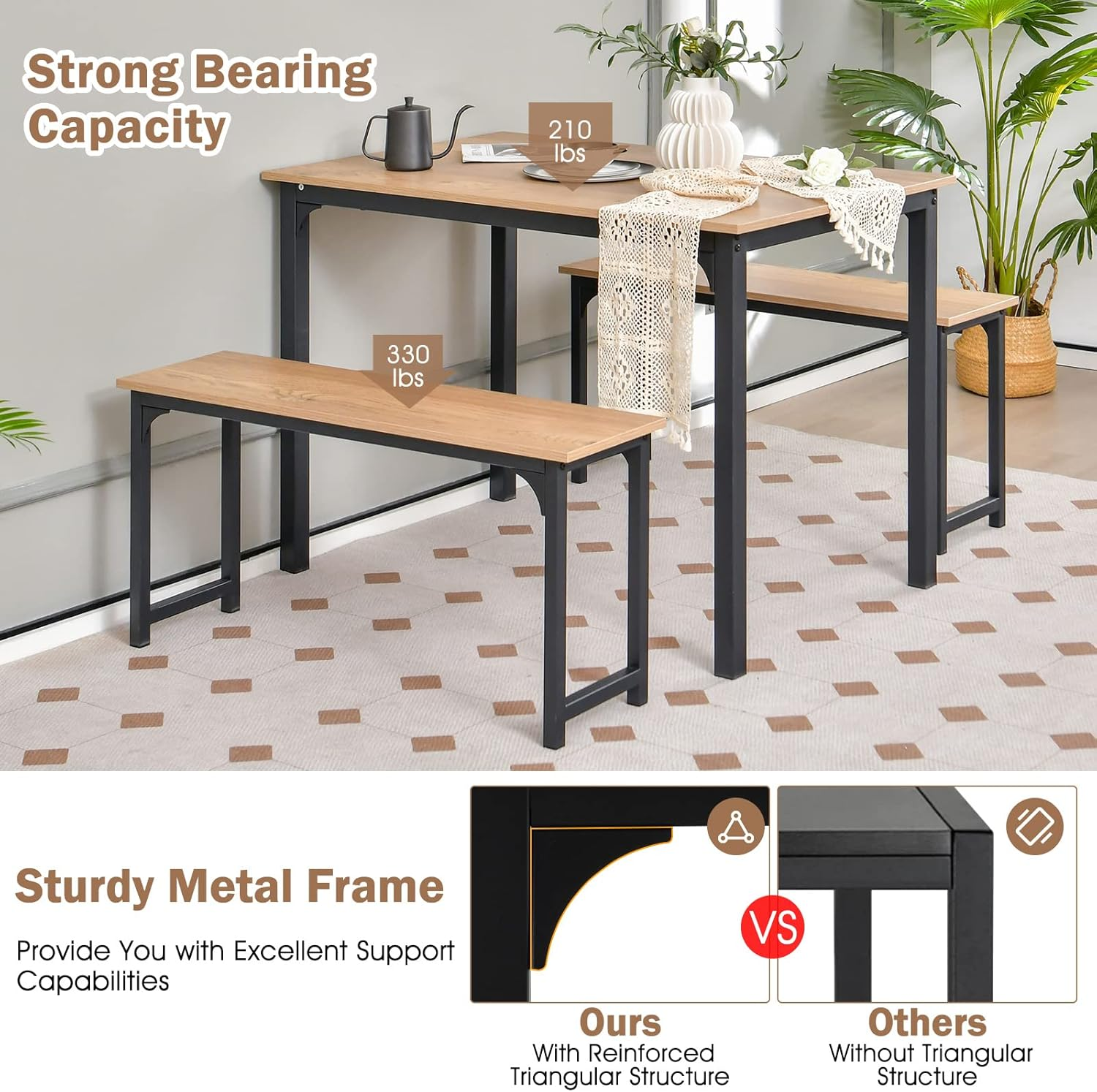 Giantex Dining Table with Bench, Modern Studio Collection Table with 2 Benches, Kitchen 3Pcs Bench Dining Table Set with Metal Frame for Living Room, Kitchen, Small Space image number 1