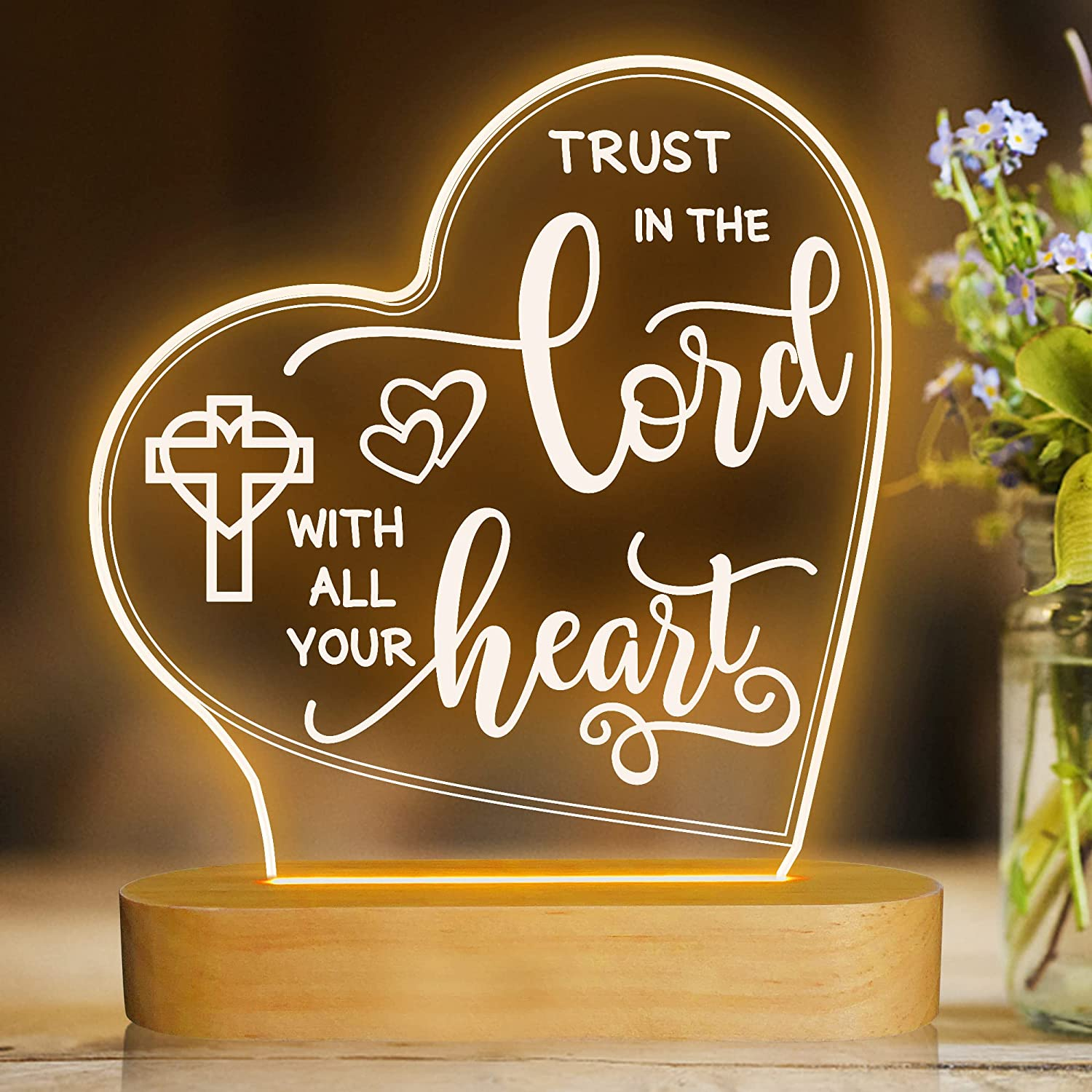 Attivolife Jesus Night Light, Lord Gift with Warm White Light with Wood Base, the Sacred Home Decor Xmas Birthday Easter Thanksgiving Day Gift Lord Desk Lamp for Christian Saint