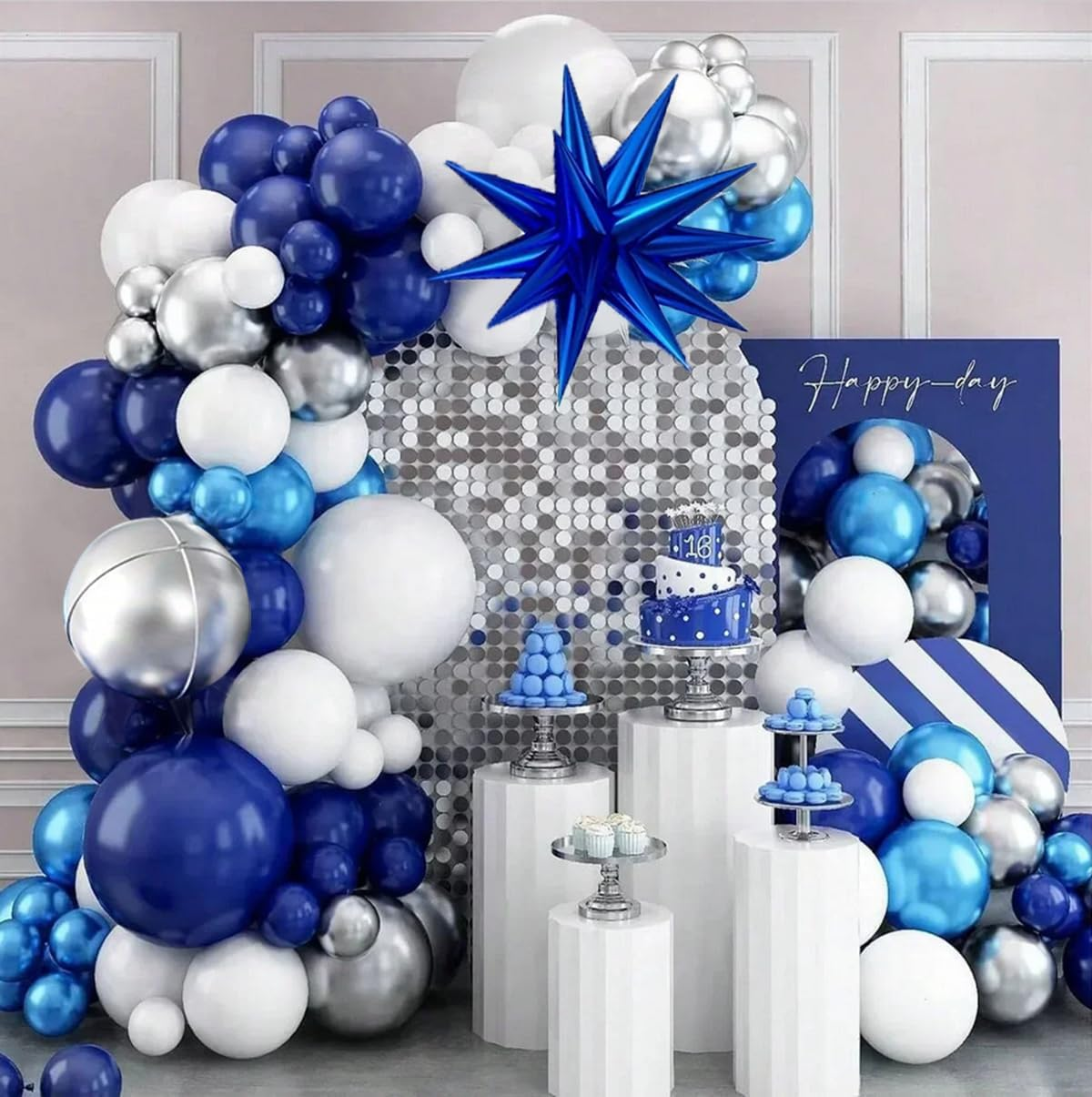 Blue White Balloon Arch Kit, Navy Blue Silver White Balloon Garland with Star Foil Balloons for Birthday Wedding Graduation Party Decoration image number 1