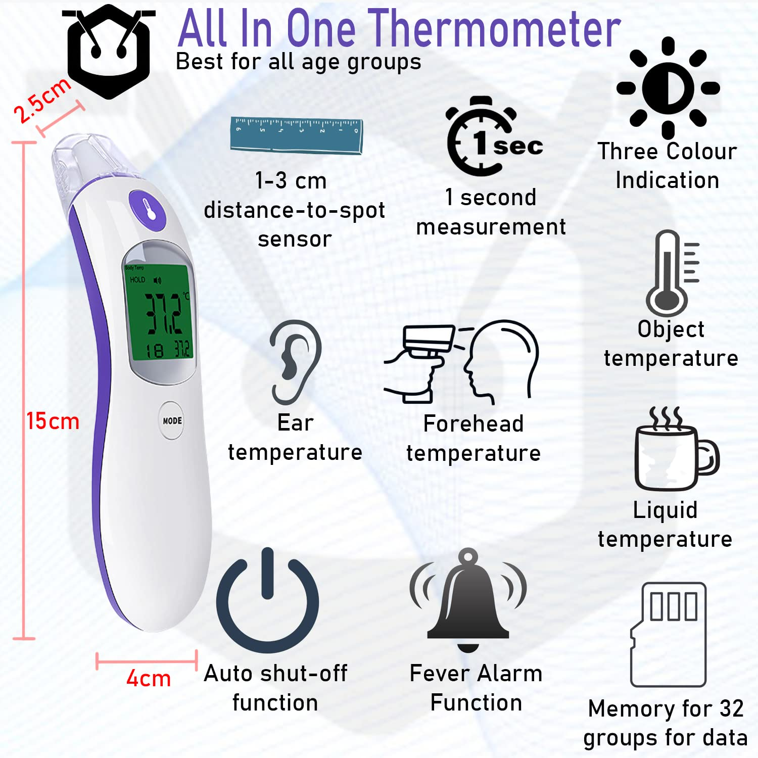 Ear and Forehead Digital Thermometer for Kids and Adults by Uonibaby | Non-Touch Infrared Digital Thermometer with Fast 1 Second Quick Detection and Accurate IR Sensors for Body and Object Temperatures | Fever Alarm and Light Indication with LCD Change Colour to Green, Orange and Red (Includes Batteries and Carry Bag) | Food and Beverages Temperatures Can Be Measured