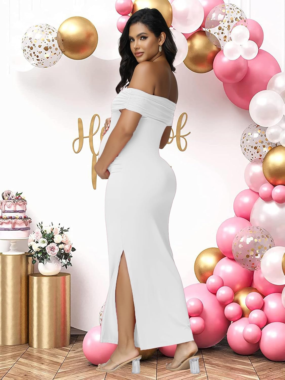 Justvh Women'S Maternity Mesh off Shoulder Sleeveless Split Party Midi Dress for Baby Shower Photoshoot Gown image number 6