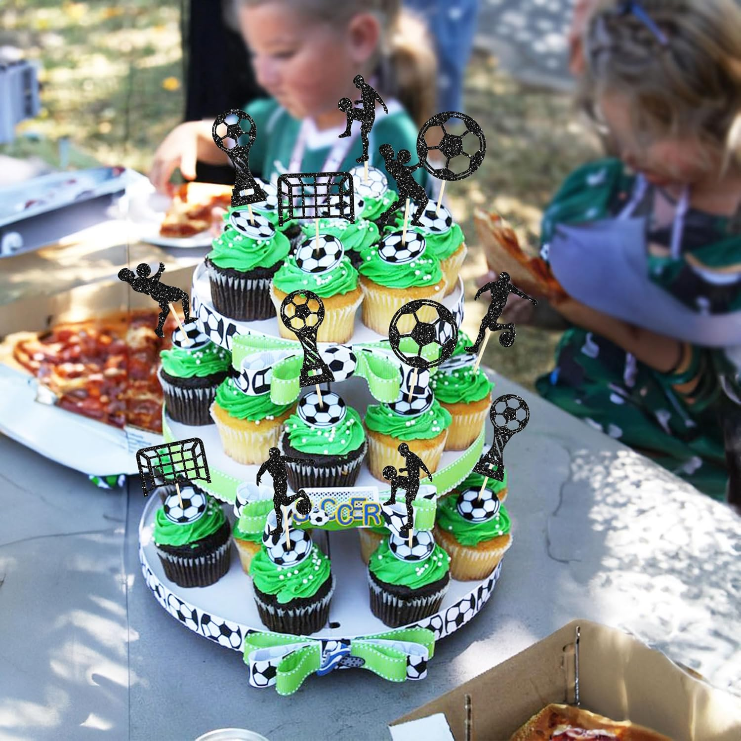 24Pcs Soccer Cupcake Toppers Glitter Soccer Ball Cupcake Picks Sport Cake Decorations Football Theme Birthday Party Baby Shower Kids Boys Men Birthday Party Favors Supplies Black - Black image number 5