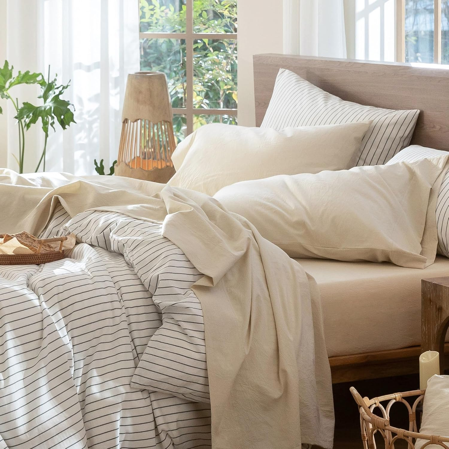 Moomee Bedding Sheet Set 100% Washed Cotton Linen like Textured Breathable Durable Soft Comfy (Tannish Linen Grey, Queen)