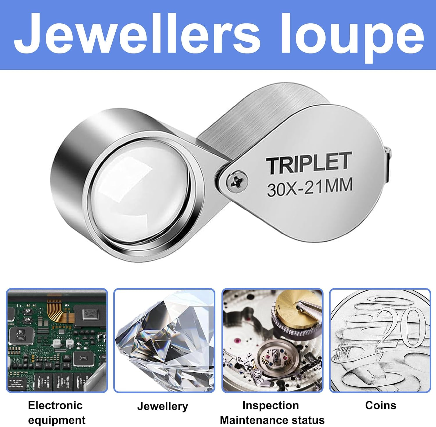 3 Pcs Jewellers Loupe, 10X, 20X and 30X Magnifier, Loupe Magnifier, Folding Handheld Magnifying Glass for Jewelry Recognition, Scientific Documents, Newspaper and Book Reading