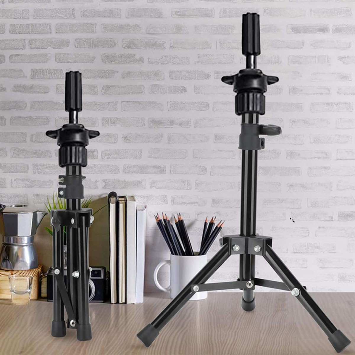 Gorise Mini Adjustable Mannequin Head Stand Tripod Hairdressing Wig Display Stand for Hairdressing Training Black Stainless Steel image number 3