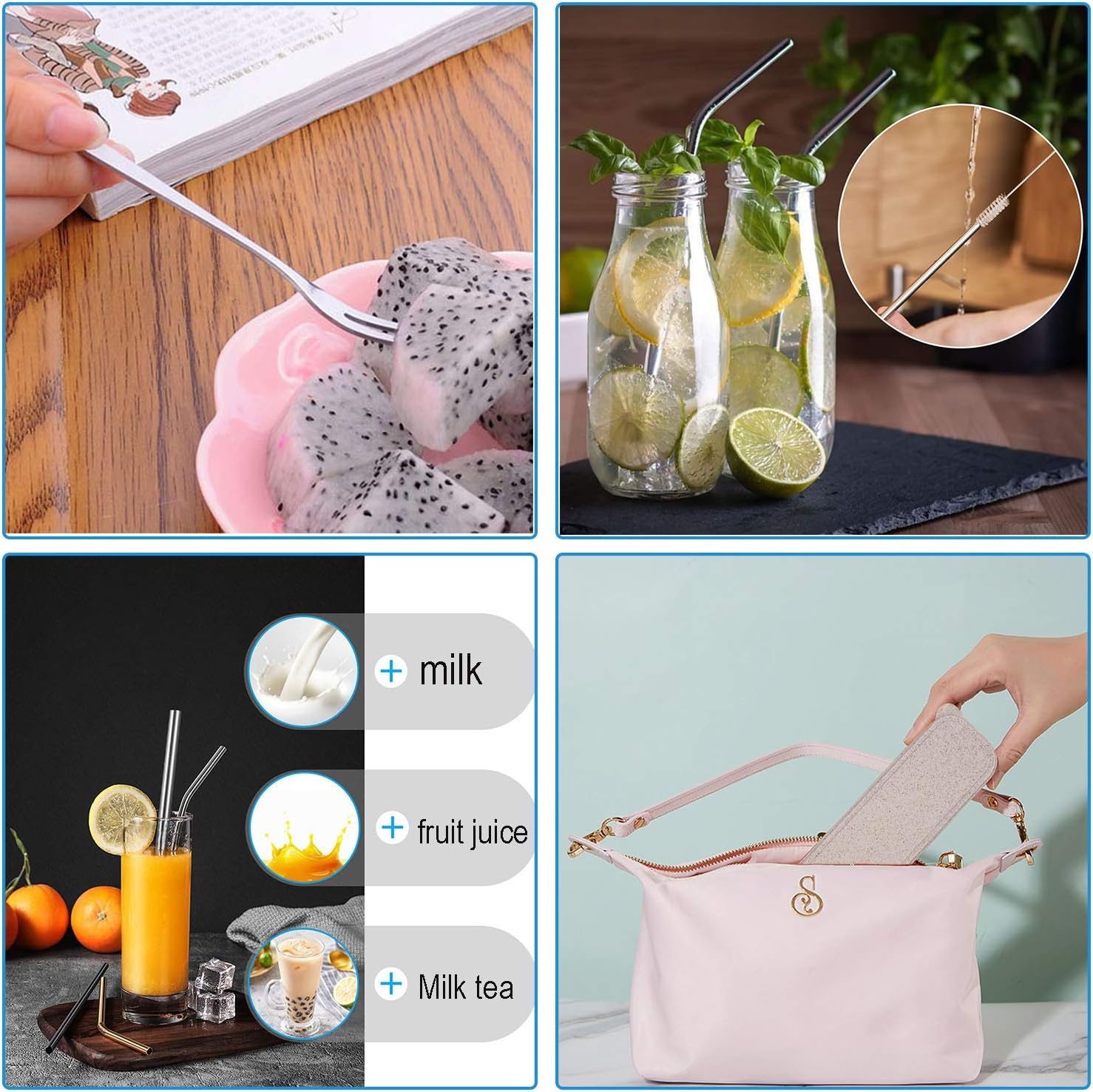 Hisredsun Portable and Reusable Stainless Steel Cutlery Set, 9-Piece Portable Flatware Set for Office, School, Camping and Travel. Including Knife/Fork/Spoon/Cleaning Brush/2 Straws/Fruit Fork/Wheat Straw Case/Mesh Bag image number 1