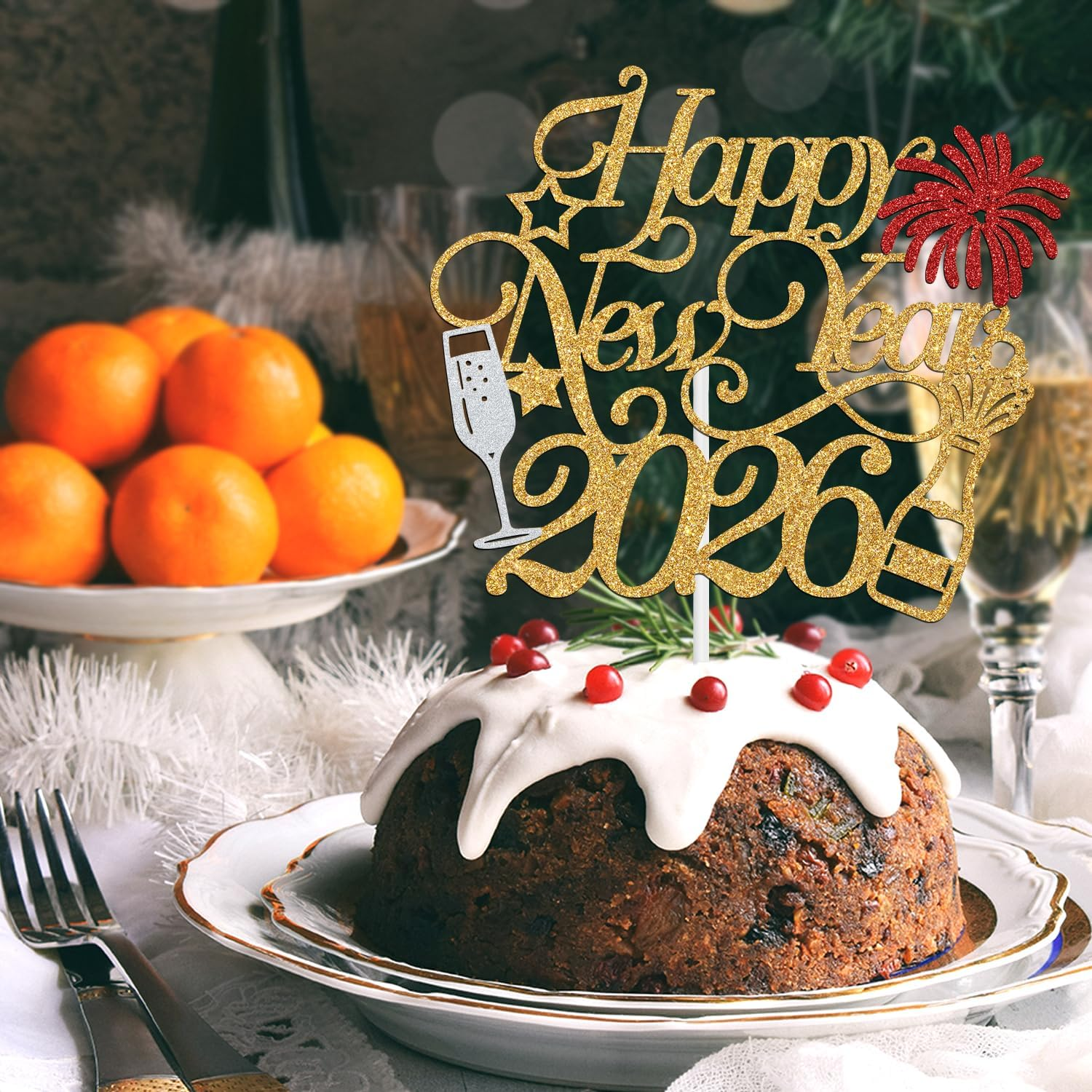 Happy New Year 2025 Cake Topper,Welcome 2025/Cheers to 2025, Happy New Year Night Holiday Party Decorations Supplies, Red and Gold Glitter image number 5
