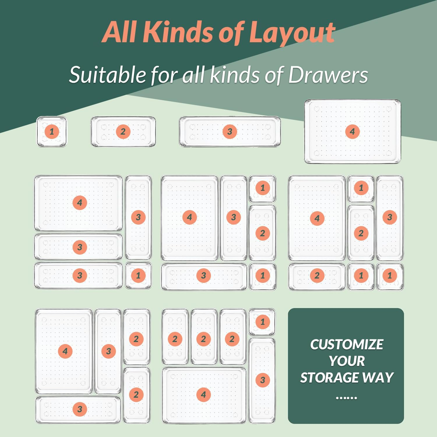 Hormes 28Pcs Drawer Organisers Set, 4 Sizes Clear Plastic Drawer Organizer & Vanity Organiser for Makeup & Jewelry Storage, Kitchen Utensils & Gadgets, Desk Supplies, Bathroom & Bedroom Organisation