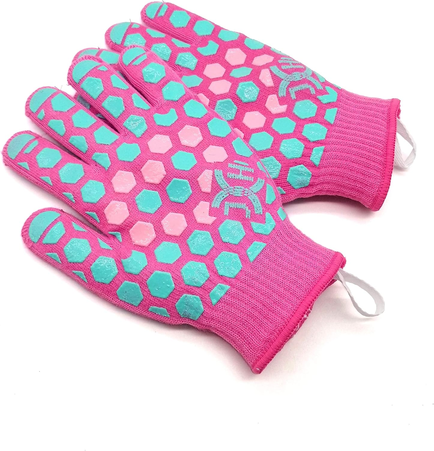 J H Heat Resistant Oven Mitts: EN407 Certified 932 &deg;F, 2 Layers Silicone Coating, BBQ & Oven Gloves for Cooking, Kitchen, Fireplace, Grilling (Women Fits All, Coral Shell with Turquoise/Pink Coating) image number 6