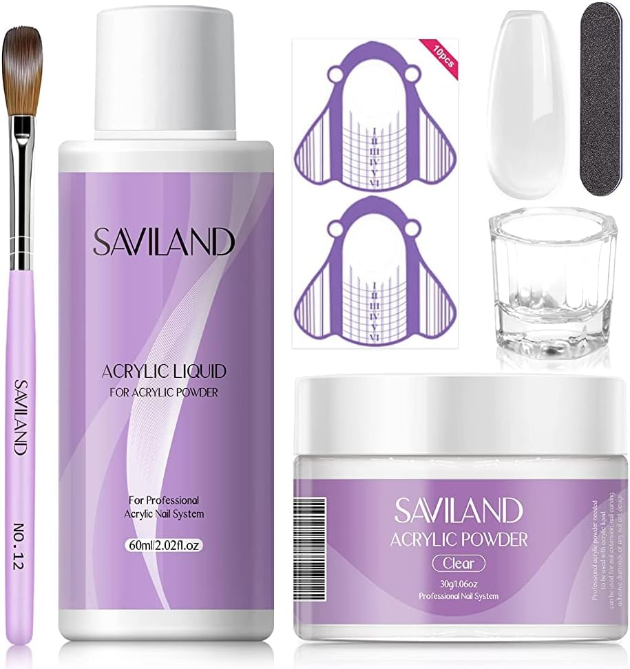 Saviland Acrylic Nail Kit &ndash; 30G Clear Acrylic Powder and 60Ml Acrylic Liquid Set with Acrylic Nail Brush Nail Forms Tools Set Extension Nail Kit for Beginners with Everything for Home DIY Salon Acrylic Nails Application