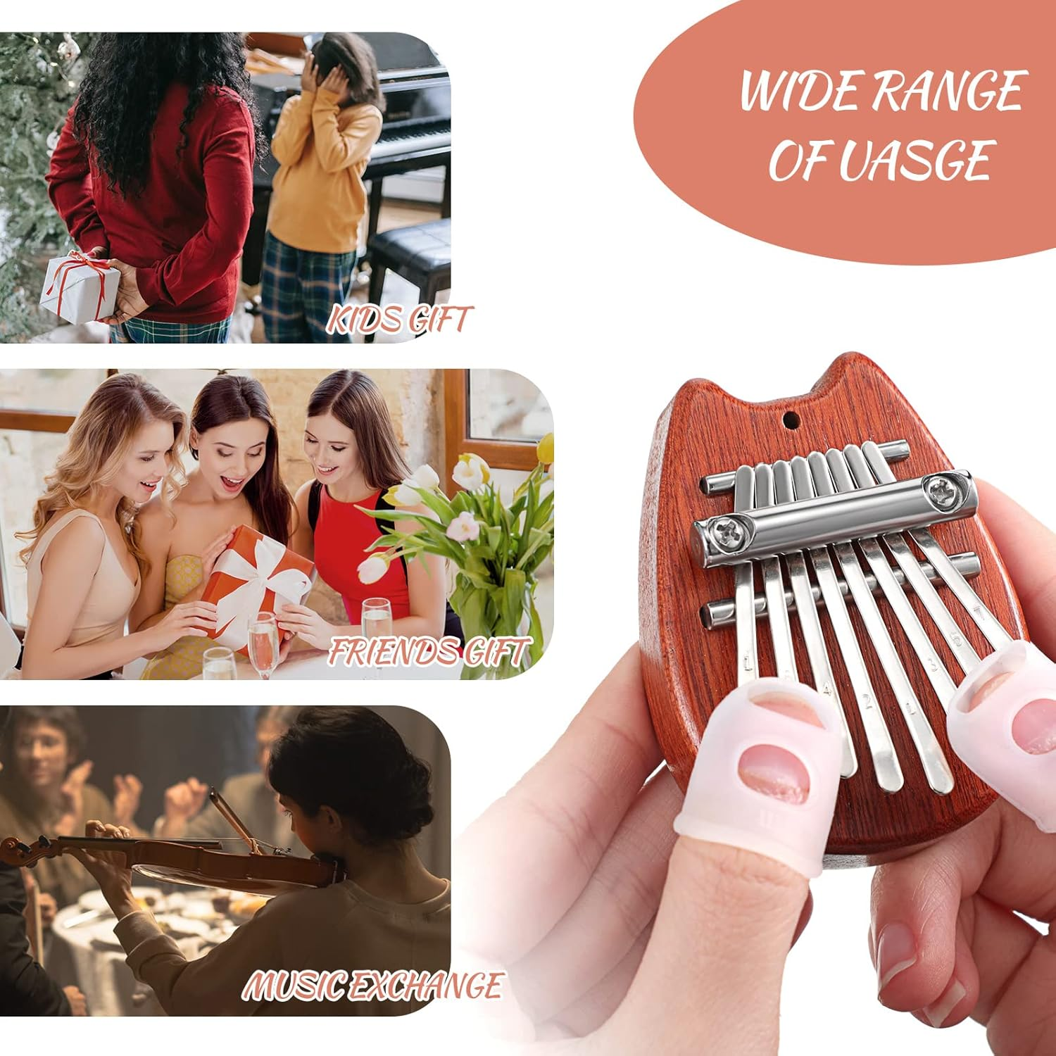 Konohan 24 Pcs 8 Keys Mini Kalimba Piano Set, Include 4 Mini Exquisite Finger Thumb Piano 4 Lanyard 4 Chains 8 Finger Protector 4 Cleaning Cloth for Kids Adults Beginners Gift (Cartoon Style) - Rainbow Drop Style image number 2