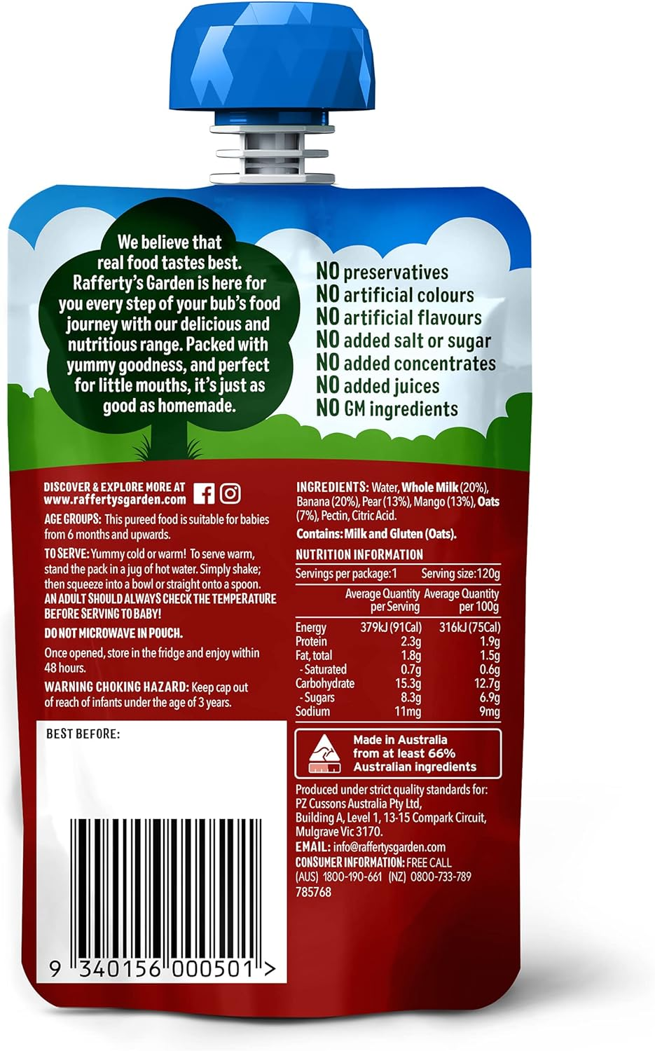 Rafferty'S Garden Banana, Pear and Mango Ready to Eat Porridge Baby Food Pouch for Babies 6+ Month, 120G (Case of 6) image number 2