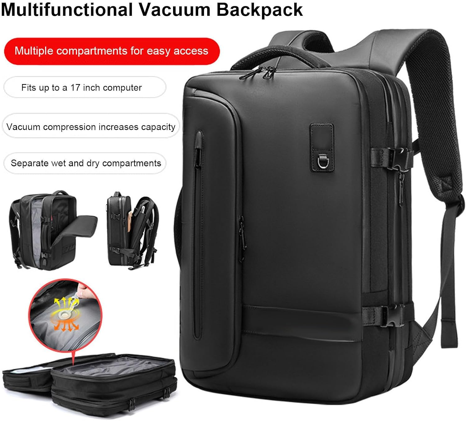 Expandable Vacuum Compression Backpack 70L, USB Charging Port, Water Oxford Cloth Travel Backpack with Dry Wet Compartment for Camping Business