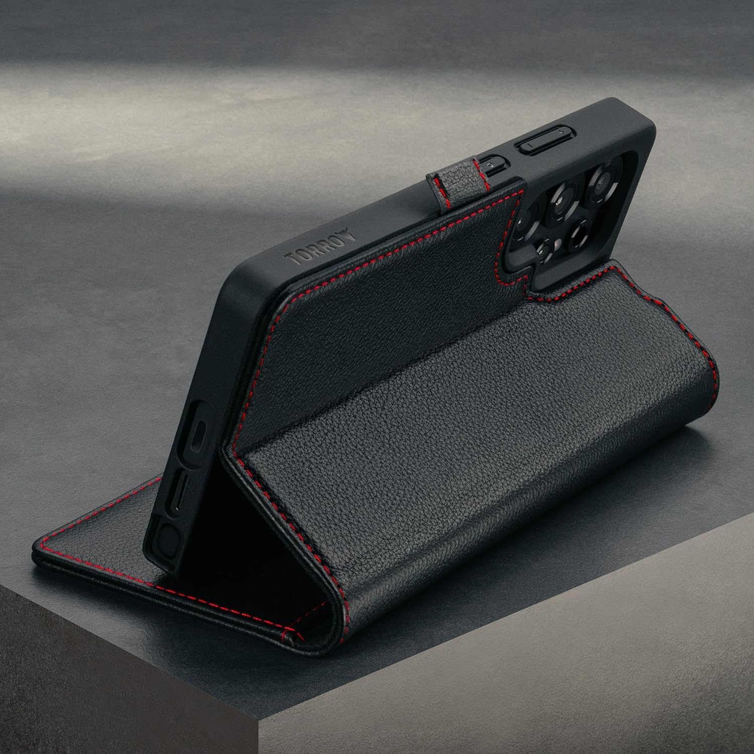 TORRO Leather Case Compatible with Samsung Galaxy S25 Ultra 5G 2025 &ndash; Premium Leather Wallet Case with Kickstand and Card Slots (Black) - Black With Red Detail image number 5