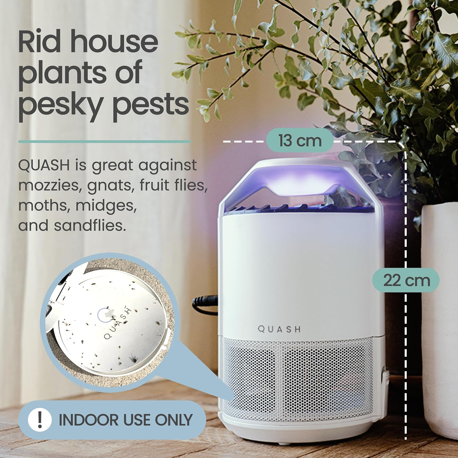 QUASH Indoor Fly Trap &ndash; Non-Zapper Mosquito & Bug Catcher with UV Light, Suction Fan & Sticky Glue Board &ndash; Safe & Effective Fly Swatter for Mosquitoes, Gnats, Mozzies, & Moths (White) - White Insect Trap image number 6