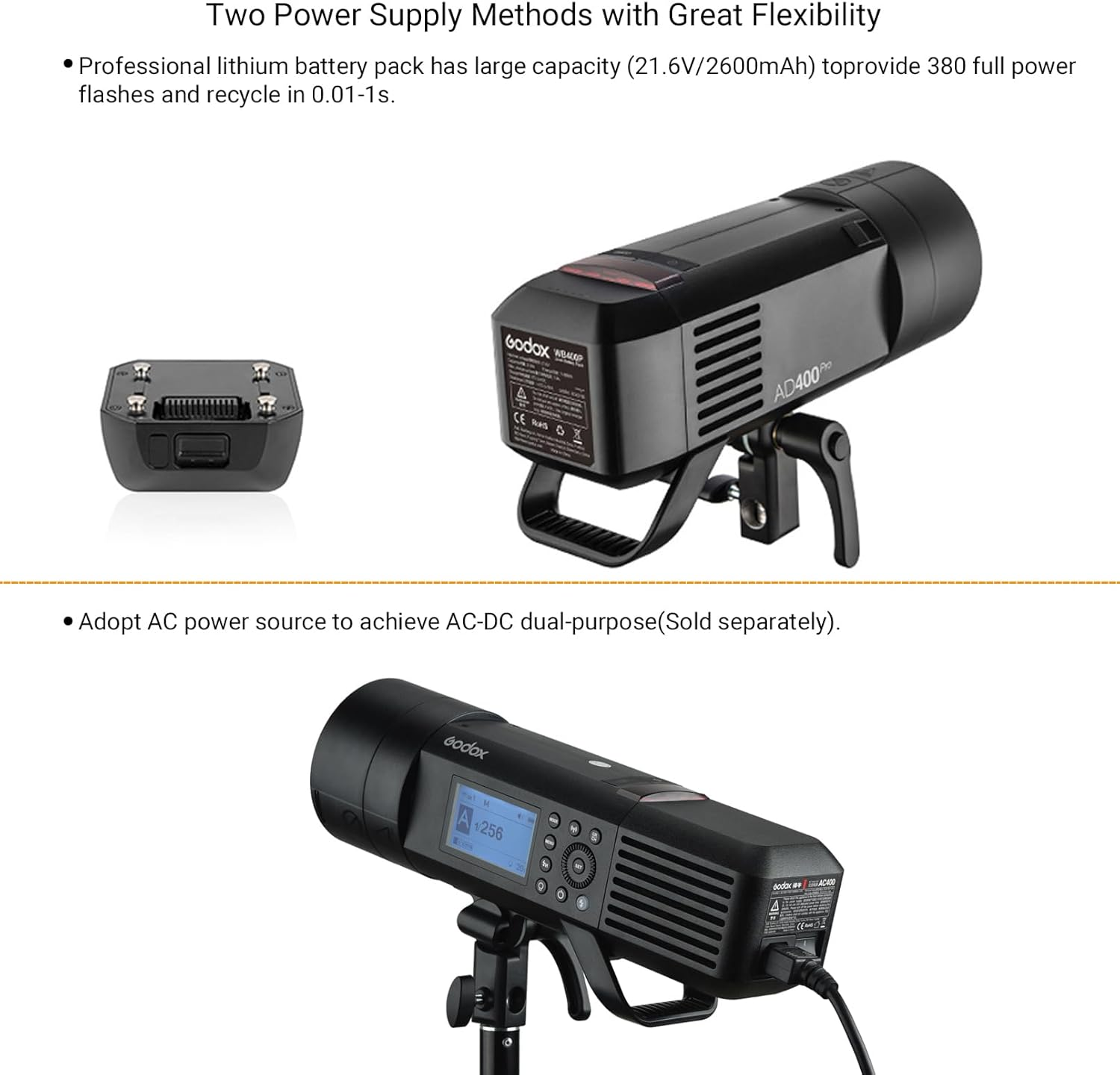 Godox Ad400Pro AD400 Pro Studio Flash 400W TTL 1/8000S HSS 2.4G Wireless Strobe Light with High Performance Li-Ion Battery 390 Full Power Recycling Time, 0.01-1S 30W LED Modeling Lamp image number 1