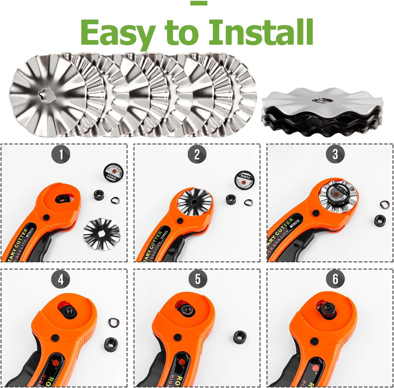 Bestgle 45Mm Pinking Rotary Cutter Blades, Wave Rotary Replacement Blades Stainless Steel Circular Decorative Edge Rotary Cutters Pink Knife Refill Blade for Quilting Sewing Cutting Paper Fabric, 9Pcs image number 4