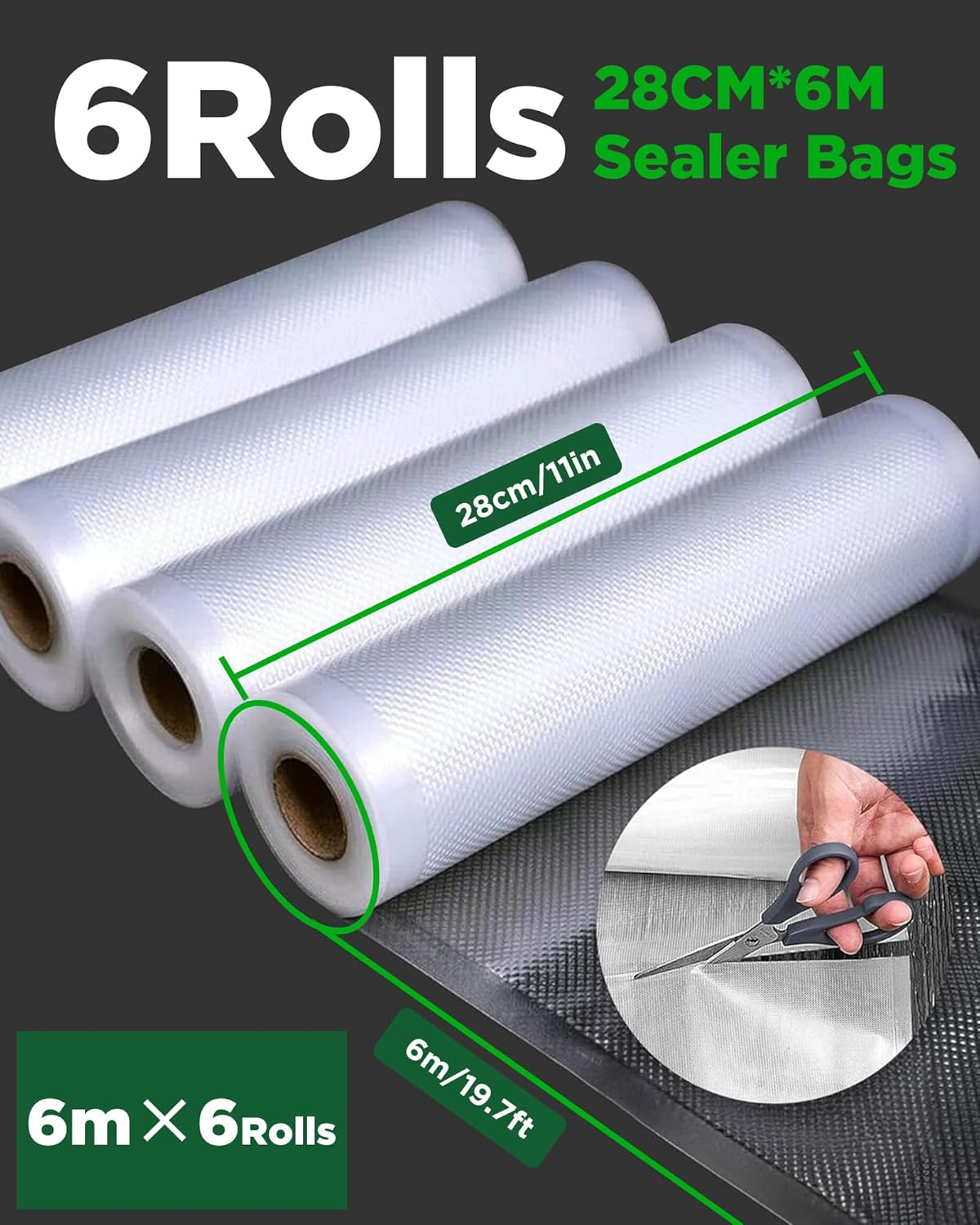 Amxus Vacuum Sealer Bags, 6Rolls 28CM*6M Vacuum Seal Bags for Food Saver, Seal a Meal, Weston, Commercial Grade, BPA Free, Heavy Duty, Great for Portion Control & Food Storage image number 4