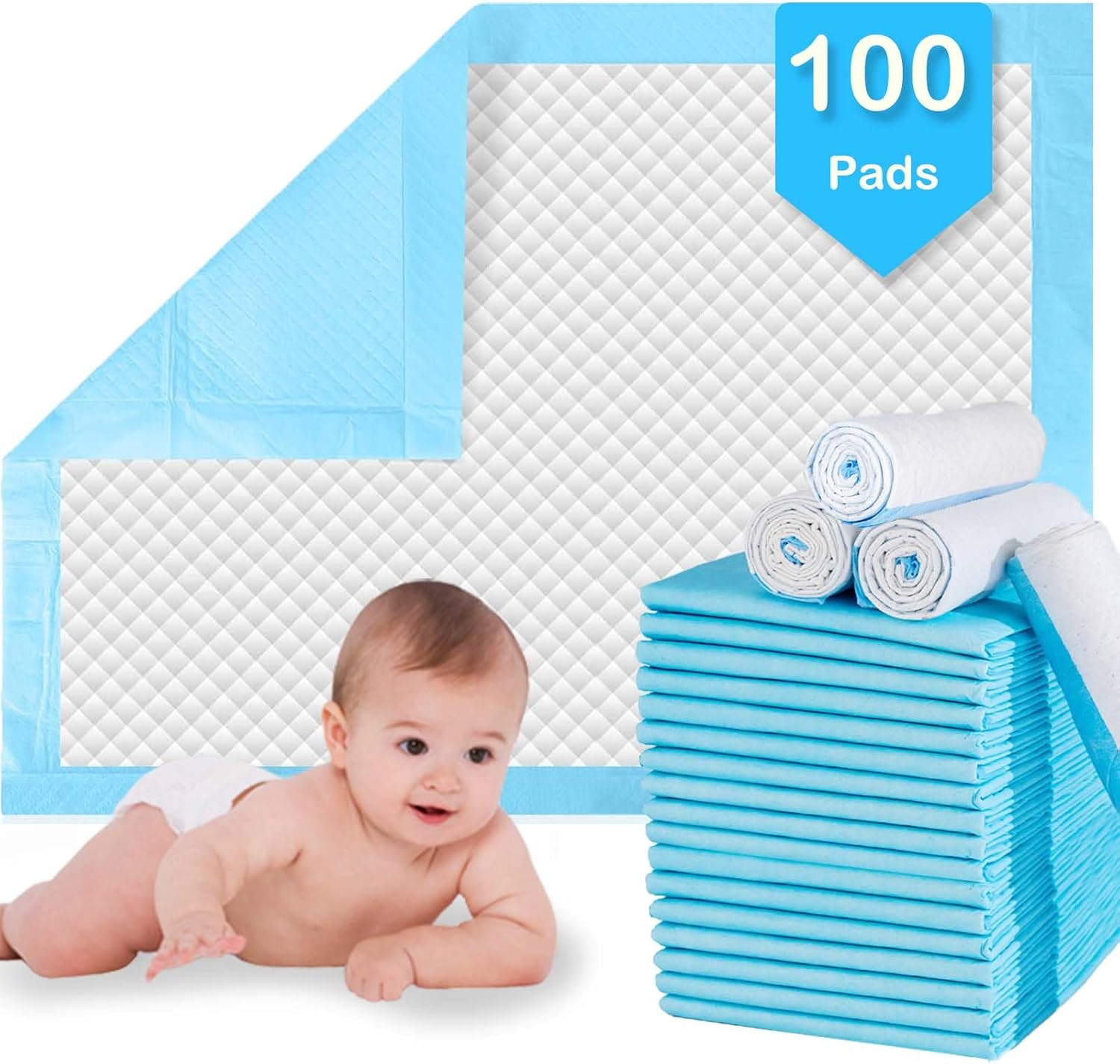100 Pcs Baby Disposable Underpad Disposable Changing Pads for Baby Waterproof Portable Diaper Changing Pad,Quick Drying Features Breathable for Newborn -Protector Mat (17Inx13In) image number 6