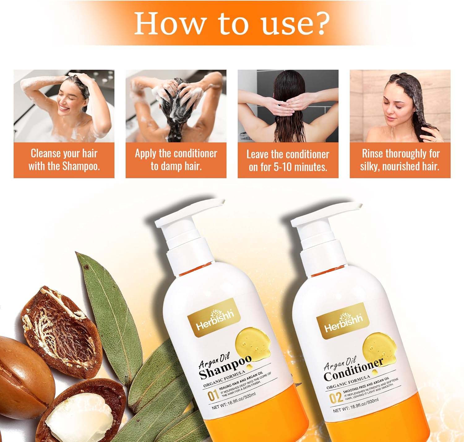 Herbishh Argan Oil Shampoo & Conditioner, Deep Cleansing & Promotes Hair Growth, Repairs Dry, Damaged Hair, UV Protection, with Shea Butter, Jojoba, Coconut Oil for Frizzy Colored Hair 16.9Fl.Oz Each - Shampoo+Conditioner+Hmask Set image number 3