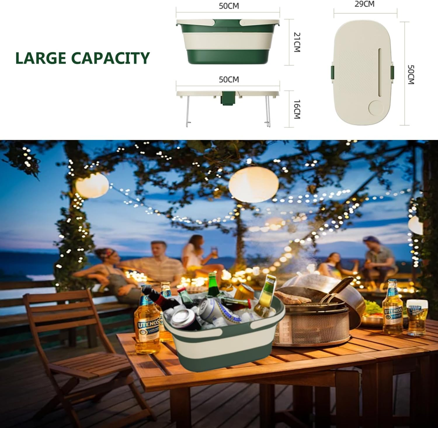 Hopenest Collapsible Picnic Basket with Table Waterproof, Portable, Foldable Basket with Handles for Family Travel, Beach, Camping, and BBQ (Green) image number 4