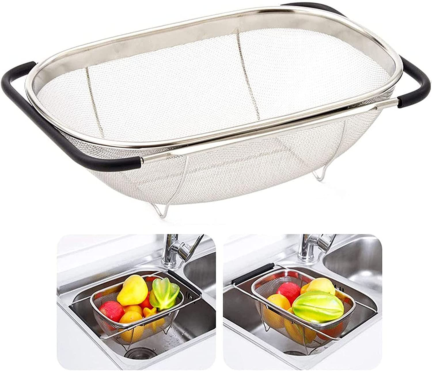 AJIODA over the Sink Colander, 6 Quarts Stainless Steel Oval Colander with Expandable Rubber Grip Handle, Fine Mesh Strainer Baskets Kitchen Colander for Strain, Drain, Rinse Vegetables, Fruits, Black image number 3